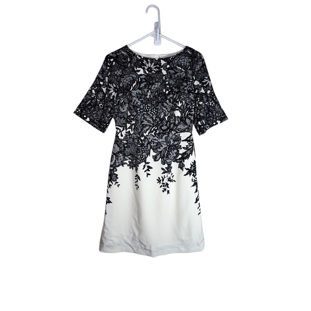 Adrianna Papell Black White Scroll Laceβ Print Dress Petite 4P - Small Flaw